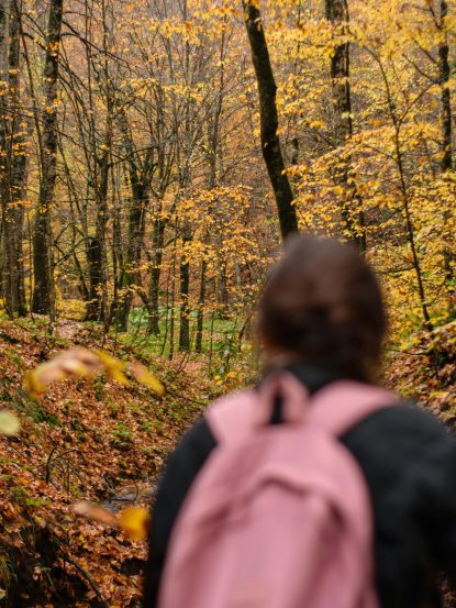 young woman wearing backpack walking in a wooded area